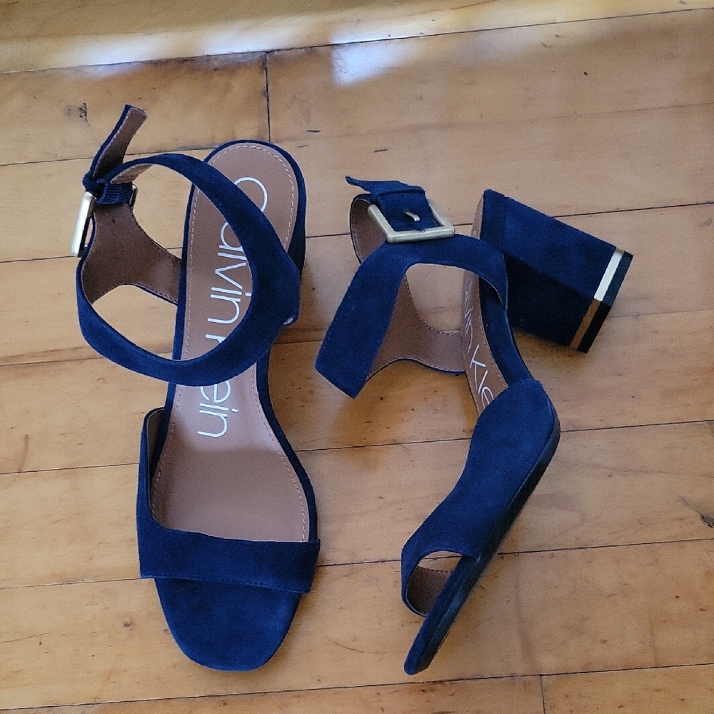 Calvin Klein Blue Leather Suede Heels Open Toe Block Heel Casual Summer Size 7